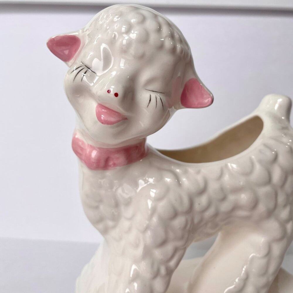 Vintage Japan Ceramic Lamb Planter Vase White Pink Nursery - Picture 4 of 15